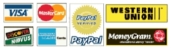 We accept major credit cards, PayPal and wire transfers Credit cards